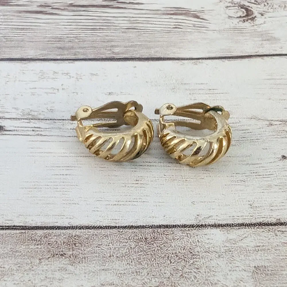 Vintage Clip On Earrings Gold Tone Cut Out Half Hoops - Condition Issues